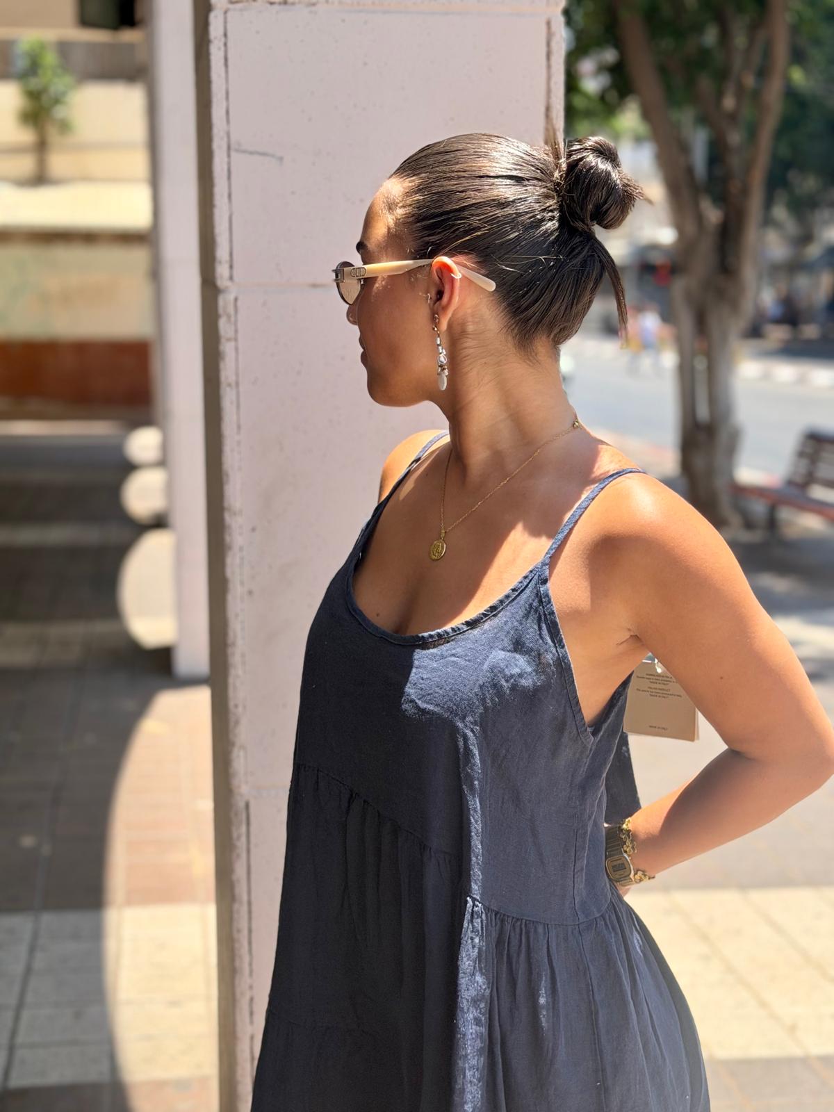 שמלת מיני פשתן קומות עם קשירת פפיון